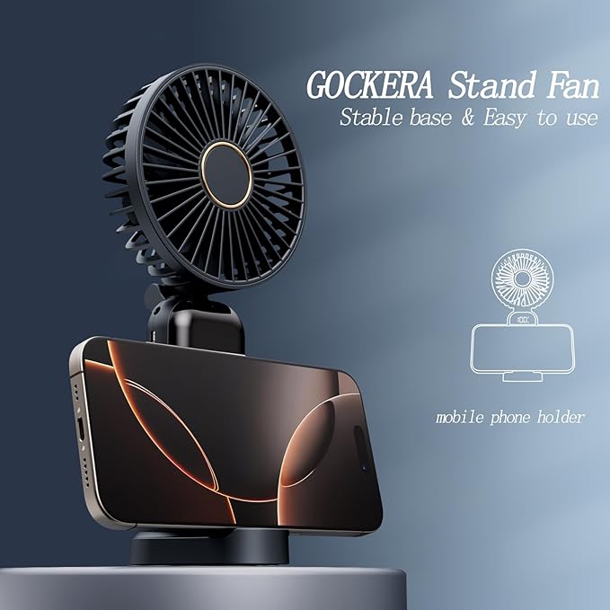 GOCKERA Portable Fan, 4200mAh Battery Operated Fan, 5 Speeds&Digital Display, Makeup Fans for Women with Base, 180°Foldable 3in1 Handheld/Neck/Desk Fan for Outdoor Indoor,Ultra Quiet (Black)