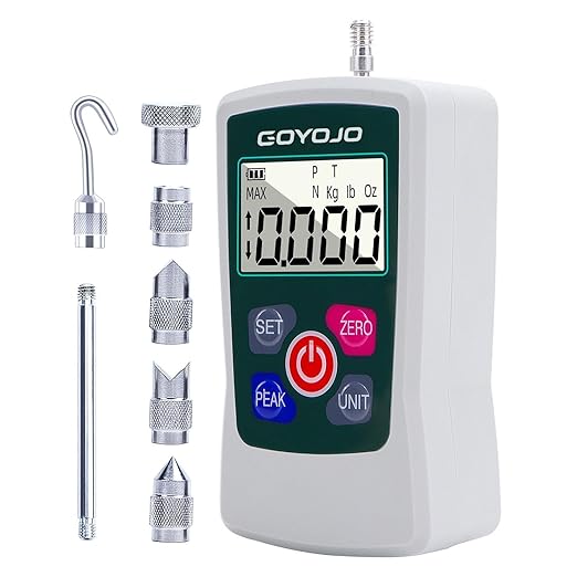 GOYOJO Digital Force Gauge High-Precision Push-Pull Meter for Tension & Compression Testing Units (N, kg, lb, oz) Real-Time/Peak/First Peak Modes Ideal for Quality Control & Material Testing (3N)