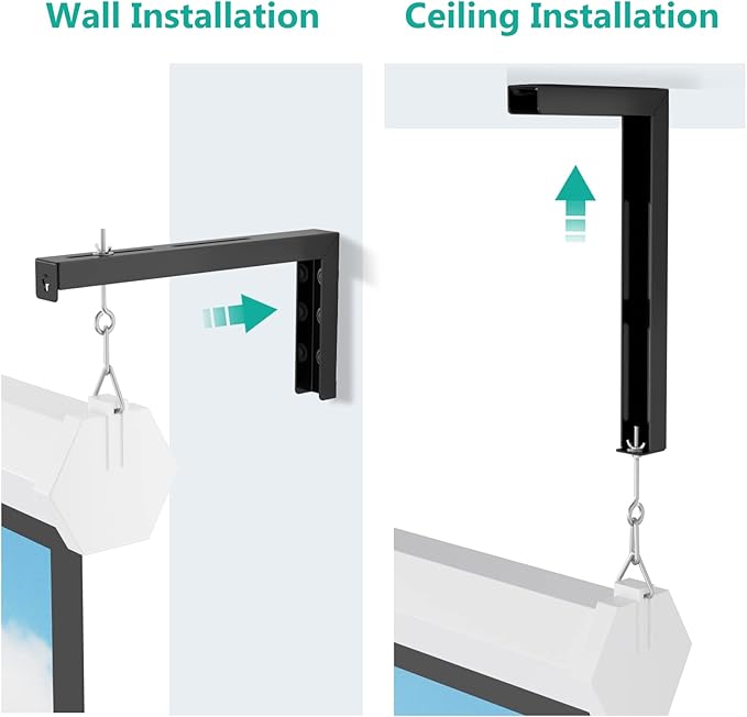 WALI Universal Projector Screen Ceiling Mount, Wall Hanging Mount L-Brackets, 12 inch Adjustable Extension with Hook Kit, Perfect Projector Screen Placement Hold up to 80 lbs (PSM001XL-B), Black