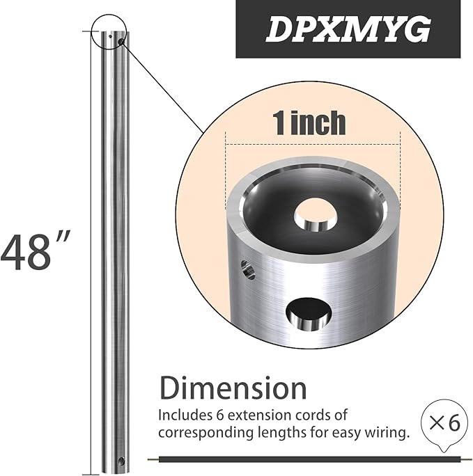 DPXMYG 48 inch Ceiling Fan Downrod with Extension Cord, 4 FT Brushed Nickel Downrod for Ceiling Fan, 1 inch Outside Diameter, Ceiling Fan Boom Suitable for a Wide Range of Fans (Nickel, Not Threaded)