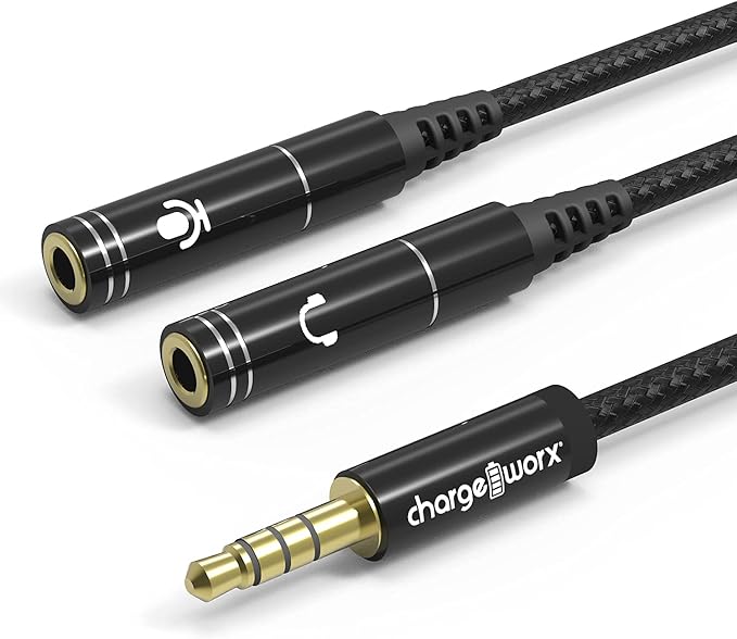 ChargeWorx 3.5mm Mic and Headphone Jack Splitter, Y-Splitter Adapter with High-Fidelity Sound Quality, Compatible with Smartphone, PC, Laptop, Tablet, and Gaming Consoles, Tangle-Free Cable