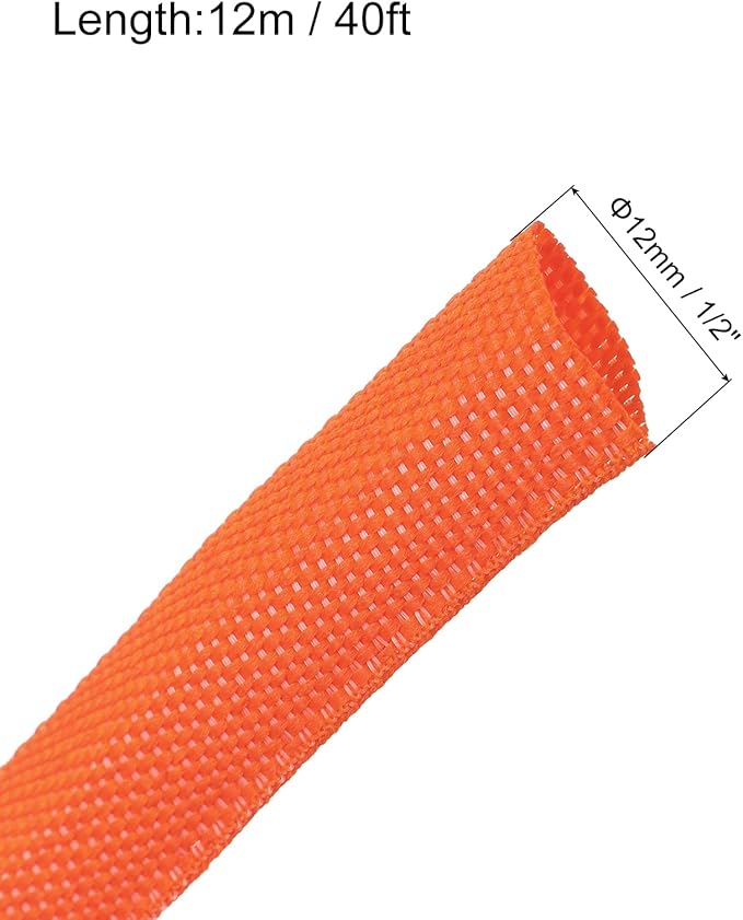 MECCANIXITY Braided Cable Sleeves Heat Shrinkable Fabric Sleeving, 1/2" 40ft Orange 2:1 Ratio Heat Shrinkable Cord Protector for Harness Cable, Network Cable Protection, Cable Management