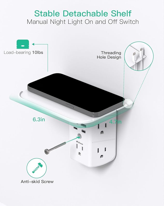 PD20W Wall Outlet Extender, Outlet Splitter with Shelf and Night Light, USB Wall Charger with 5 AC Outlets and 2 USB A Ports 2 USB C Ports Wide Space 3-Sided Power Strip Multi Plug Outlets