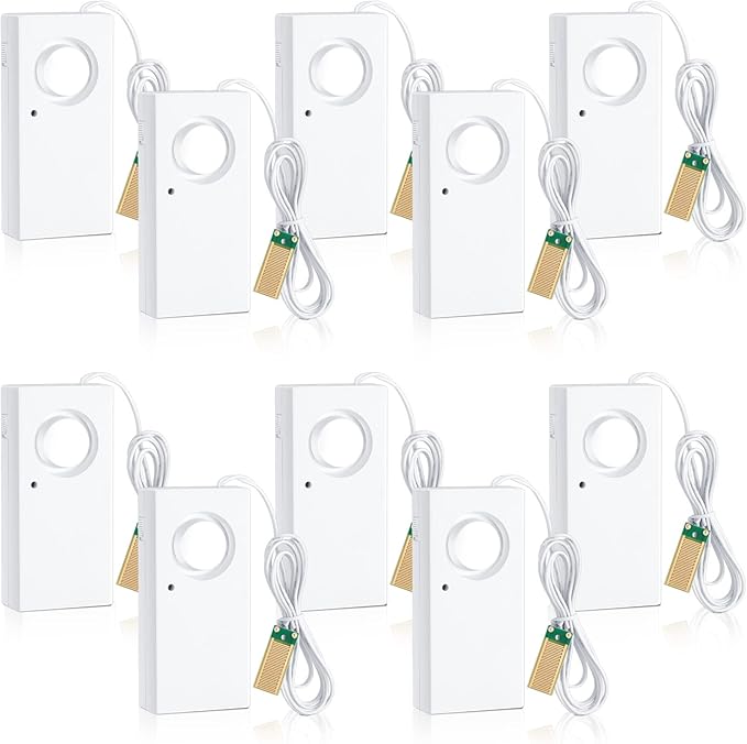Hoteam 10 Pcs Water Sensor Alarm Leak Detector 120db Water Leak Alarm 9v Battery Flood Sensor Detector Overflow Security Alert for Home Basement Kitchen Garage Bath Tub Sink, White