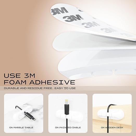 Apromisith USB Cable Organizer Clips Cord Holder,12 Packs (3-Slots) White Self Adhesive Desk Cord Cable Management