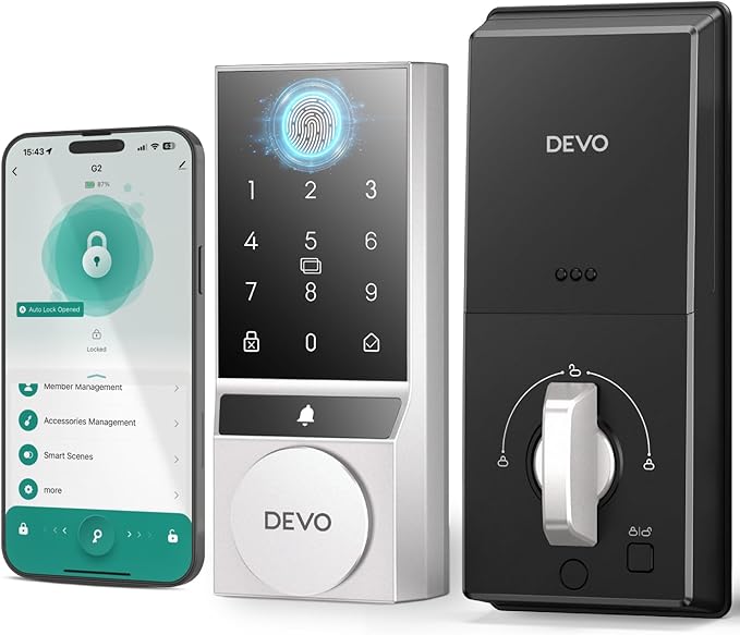 Devo G2 Fingerprint Smart Door Lock, Keyless Entry Door Lock, App Control, Smart Locks for Front Door, Smart Deadbolt Lock, Built-in Bluetooth, Touchscreen Keypad, 8 Months Battery, IP54 Waterproof