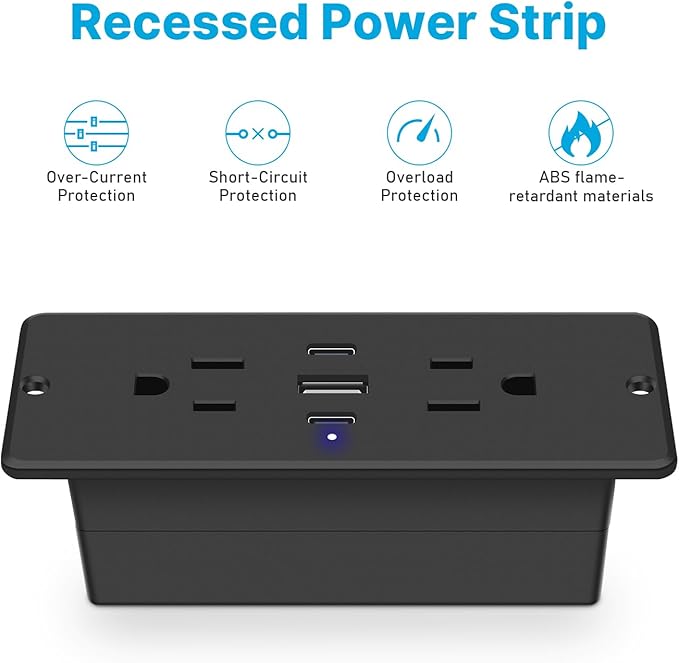 CCCEI Recessed Power Strip with Outlet and USB C Ports, Furniture Flush Mount Power Strip, Small Desk Hidden Outlet for Conference Table, Nightstand, Black, 10FT.