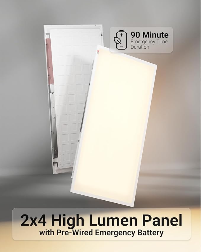 Sunco 12 Pack 2x4 LED Flat Panel Light Drop Ceiling Office Fixture with Emergency Battery Backup, 90 Minute Duration, 7760 LM, Selectable Features, 40/50/60W, 4000/5000/6000K, Dimmable (0-10V) ETL.