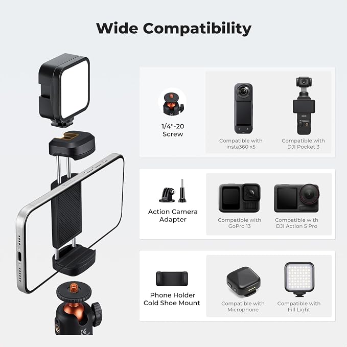 K&F CONCEPT MS62 25.6'' Mini Selfie Stick Tripod Stand, 5 Levels 360° Ball Head - Image 4