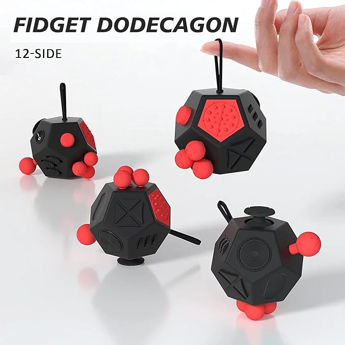 Fidget Dodecagon –12-Side Fidget Toys Cube Relieves Stress and Anxiety Anti Depression Travel Toy Christmas Stocking Stuffers Gifts for Children and Adults (A4 Black red)