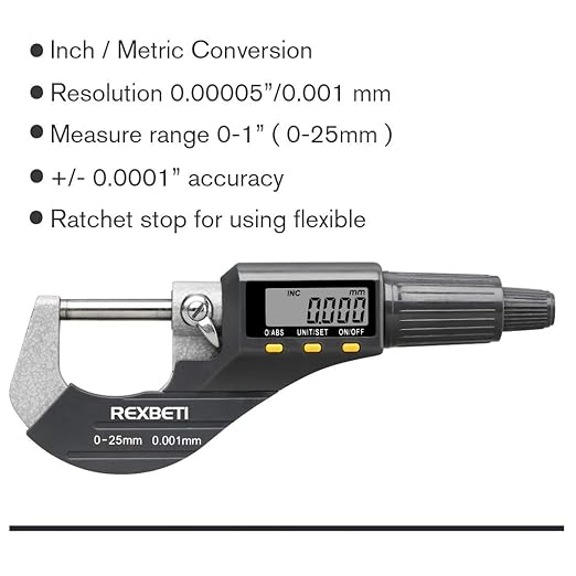 REXBETI Digital Micrometer, Professional Inch/Metric Measuring Tools 0.00005"/0.001 mm Resolution Thickness Gauge, Protective Case with Extra Battery