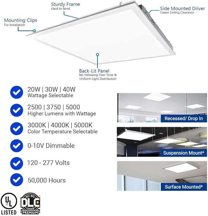 2x2 FT LED Light Flat Panel, 20/30/40W, Color Temperature Selectable 3K | 4K | 5K, Dimmable Recessed Drop Ceiling Lights, 2500/3750/5000 Lumens, Lay in Fixture for Office, 120-277V, UL DLC(12 Pack)