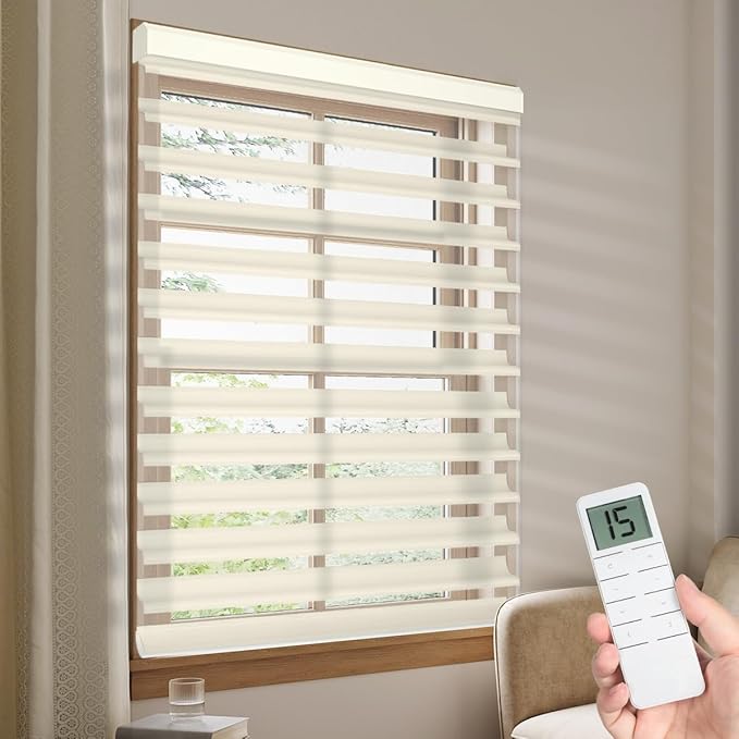Tokblind Motorized Sheer Shade with Remote Control, Light Filtering Electric Roller Blind Compatible with Alexa via Hub, Rechargeable Smart Window Shade Custom Size (Light Filtering Beige)