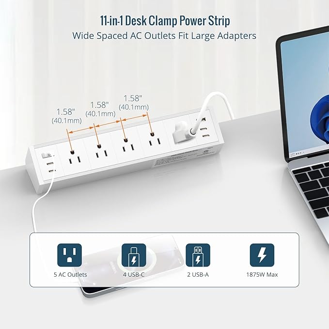 Tecmojo Desk Clamp Power Strip 5 Outlet with 2 USB A and 4 USB C Ports, 6 ft Cord, Desk Outlet Station Fit 1.6" Tabletop Edge,Over Loading Protection,ETL Listed,White