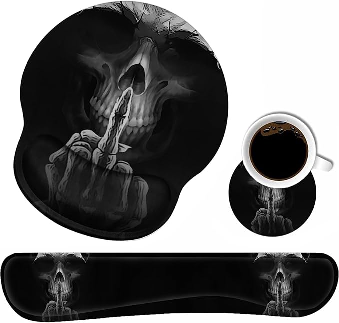 Keyboard Wrist Rest and Mouse Pad Wrist Support Set with Coasters, Non-Slip PU Base Ergonomic Gaming Mousepad for Home Office Working Studying Easy Typing & Pain Relief, Funny Skeleton Skull