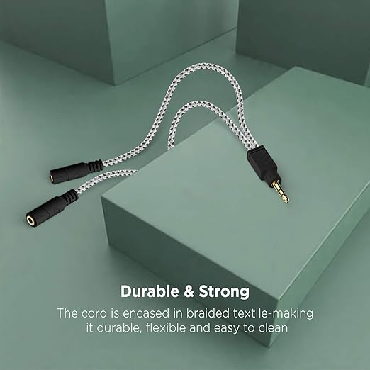 DUKABEL Headphone Splitter, Knitted 3.5mm Audio Splitter TRS 3-Pole Aux Splitter Cable for Headphones Earphones Speakers -Zebra White/2PACK