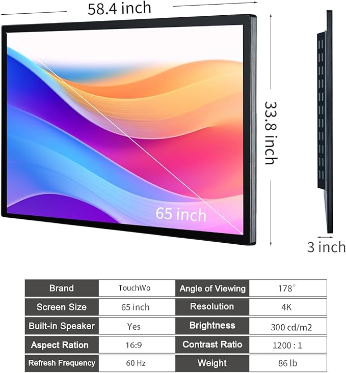 TouchWo 65-inch Interactive Touchscreen Monitor, Electronic Whiteboard Touch Screen with 4K Display, Smart Board for Home Office and Classroom, Bundled Android 14, RAM 8G & ROM 128G