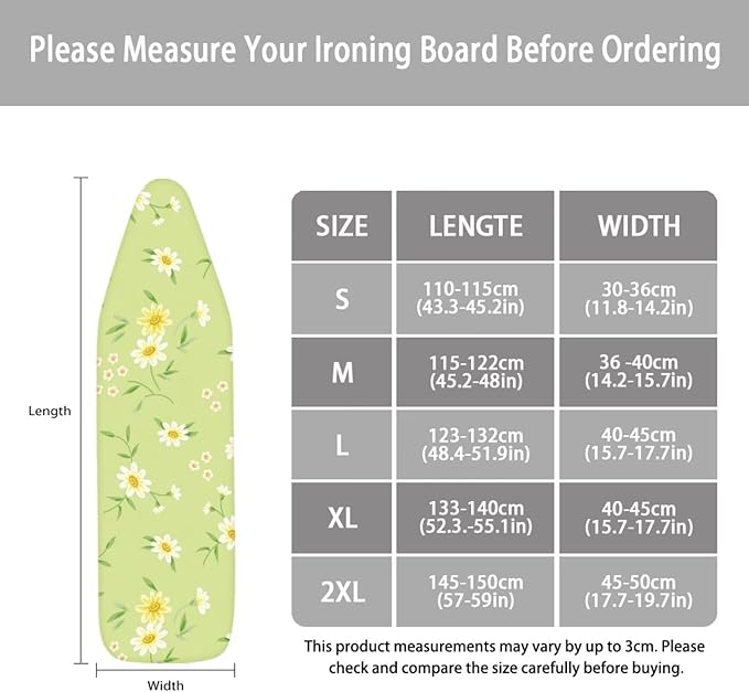 ZCFYGDX Fresh White Daisy Print Ironing Board Cover, Resist Scorching & Staining, Easy to Install Resistant Elastic Edges, 3 Nylon Buckle Straps Fasteners, Protective Scorch Cloth Covers Size-S