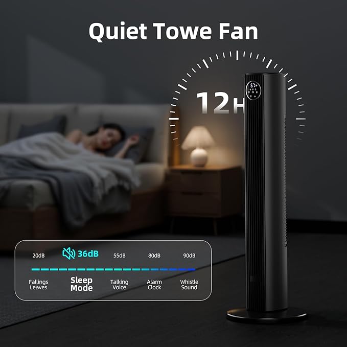 Antarctic Star Tower Fan Portable Floor Fans 85°Oscillating Fan Quiet Cooling 12H Timer Remote Control Standing Bladeless Electric 3 Wind Speeds 4 Modes Bedroom Office,36 inch, Grey