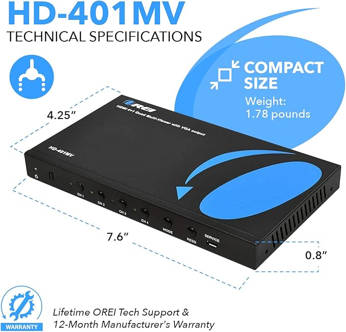 Quad Multi Viewer 4 in 1 Out by OREI HDMI Switcher 4 Ports Seamless Switcher and IR Remote Support 1080P for PS4/PC/DVD/Security Camera, HDMI Switch VGA Output - HD-401MV