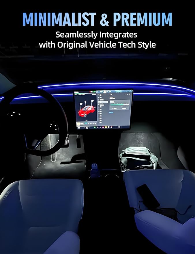 MAIMEIMI Ambient Light with Blind Spot Warning LED Compatible for Tesla Model Y (2020-2024) & 3 (2021-2023) AMD Interior Lights Strip for Tesla Custom Color Modes Neon Light Kit Plug-and-Play