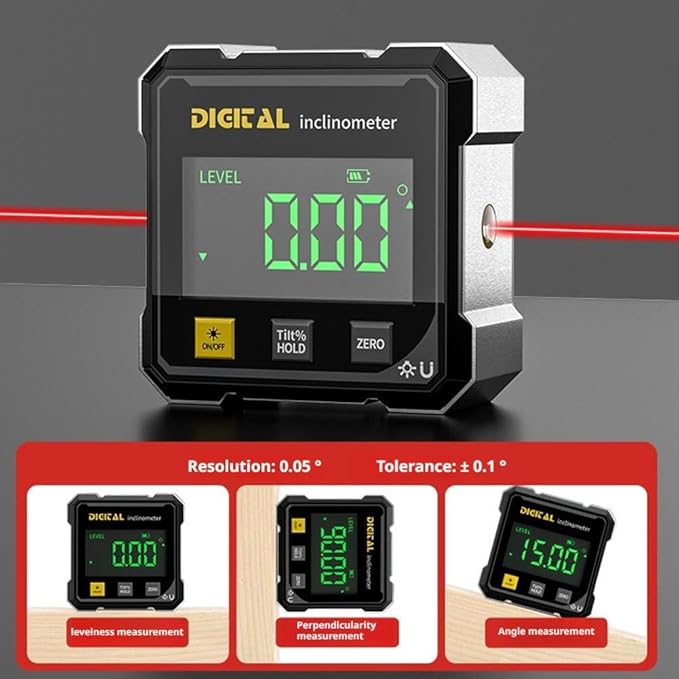 SSKFHGI Digital Angle Finder with Electronic Laser, 4-Side Magnetic Angle Gauge, Cube Inclinometer, Table Saw Miter Protractor, Woodworking Measuring Tool, Level Box for Hanging