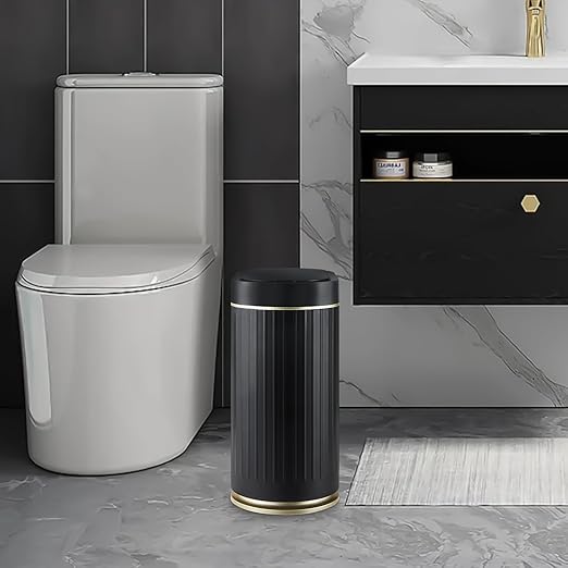 Bathroom Sensor Trash Can with Lid Automatic 2 Gallon Small Sensor Garbage Bin, 7.5 Liter Motion Sensor Smart Rubbish Bin Bathroom Decor, Slim Waterproof Plastic Garbage Can, Black Gold
