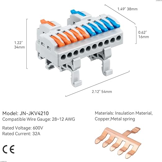 JANDECCN 6pcs DIN Rail Terminal Blocks, DIY Splicing Wire Connectors for Circuit Inline 28-12AWG (2 in 10 Out)
