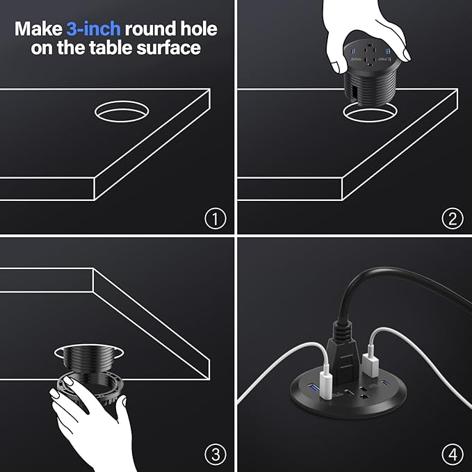 3 inch Desktop Power Grommet USB C,65W Fast Charging Station,Furniture Recessed Power Strip,2 Outlets,4 USB Ports,Flush-Mount for Desktop, Workspace Essential Desk Outlet,2 Pack (Black)