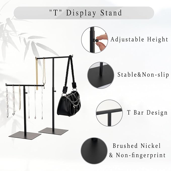 MCKECHSION Display Stand Stainless Steel Jewelry Towers Bag Stand Tabletop Double Hook Hanging Jewelry Stands for Necklaces Organizer Stand Adjustable Height Home Store Boutique, Black