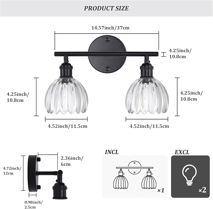 Shenmoyl Bathroom Light Fixtures, 2-Light Black Vanity Wall Light Over Mirror with Clear Tulip Glass Shade for Bedroom Living Room (Bulb Not Included)