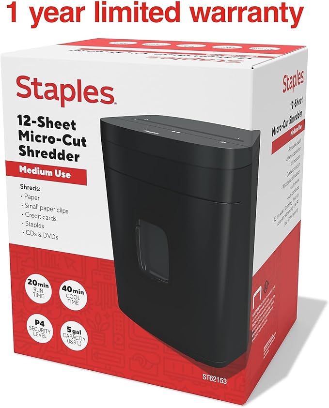 Staples 12-Sheet Micro-Cut Shredder – High-Security Document & Credit Card Shredding for Home & Office