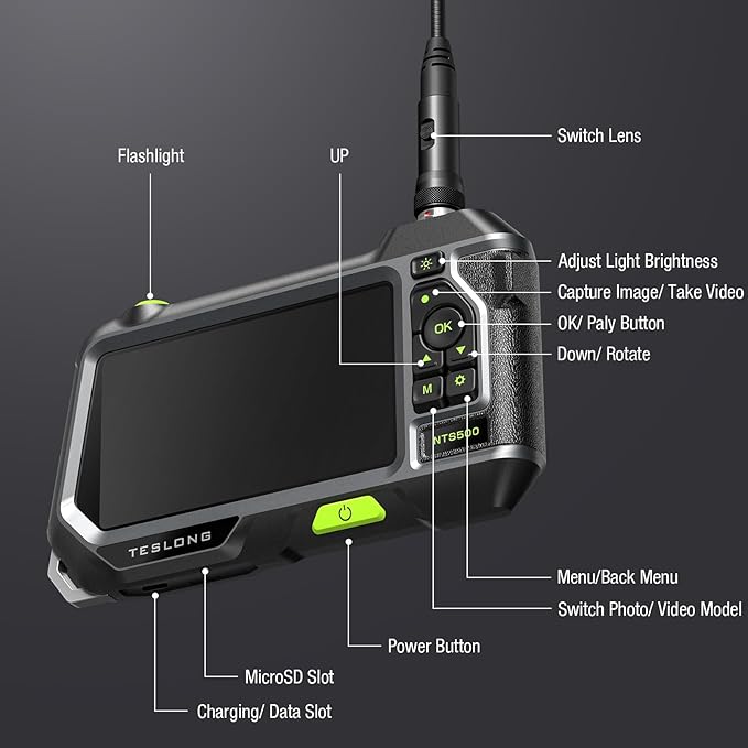 Dual Lens Endoscope with 5" Monitor, Teslong NTS500 Industrial Waterproof Borescope Inspection Camera with 0.21in Front & Side-View Double Lens with 9.8FT Probe, 5-Inch IPS LCD Screen & Case