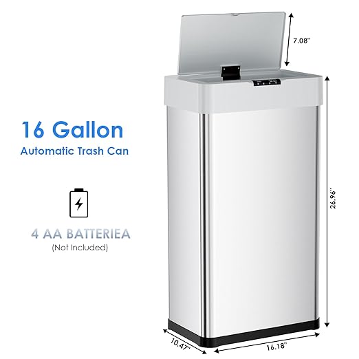 AthLike Sensor Trash Can, Touchless Motion Sensor Trash Bin, Smart Automatic Garbage Can with Soft-Close Lid, Bag Retainer Ring and Display Light,for Kitchen,Living Room Office (Silver, 16 Gal)