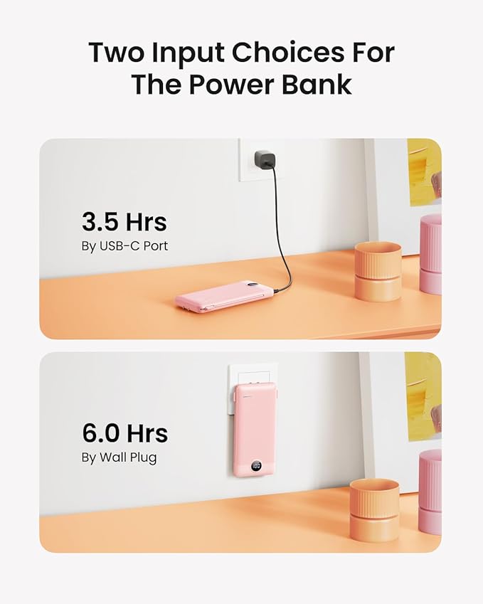 Coowisty Portable Charger Built-in Cables and Wall Plug, 10000mAh Slim USB C Power Bank, LED Display External Battery Pack Compatible with iPhone/Android & More (Pink)