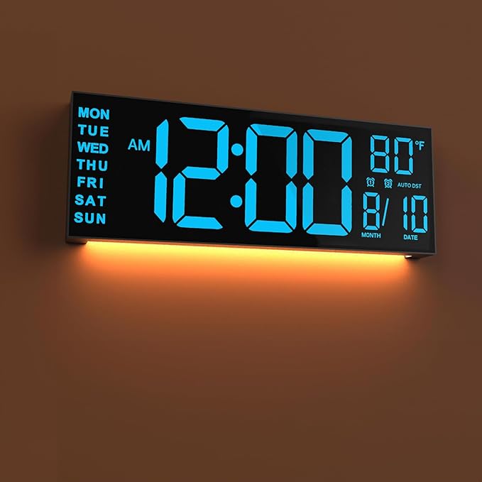JALL 13" Large Digital Wall Mount Clock, Count Down Timer, Alarm, Big LED, DST, Temperature for Living Room Classroom Desk, Xmas, Birthday Gift for Senior Mom Dad, Blue
