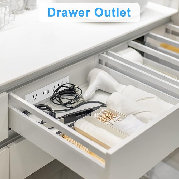 HEZI Recessed Power Strip, Furniture Drawer Outlet with 20W PD USB-C & 18W QC3.0 USB-A, Plug in 3 Outlets & USB Ports, Flush Mount 6FT White Extension Cord Conference Desk Outlets