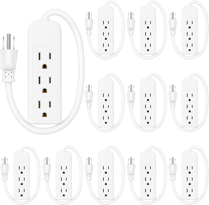 Copkim 20 Pack 3 Outlet Power Strip Extension Cord with Flat Plug Mini Cord 3 Ground Heavy Duty Mountable Outlets Strip for Computer Phone Home Office (1 ft,White)