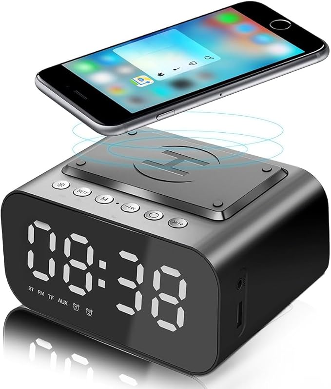 IHAO 7in1 Multifunctional Digital Alarm Clock with 15W Fast Wireless Charger Bluetooth Speaker LED Display Clock FM Radio TF Card, AUX Input, USB Port Dual Alarm for Bedroom and Office-BT510 Black