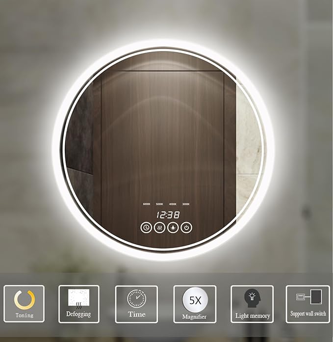 Wall-Mounted Round Bathroom Mirror with LED-Lights - 36 Inch Vanity Mirrors with Dimmable (36" x 36",Frameless)