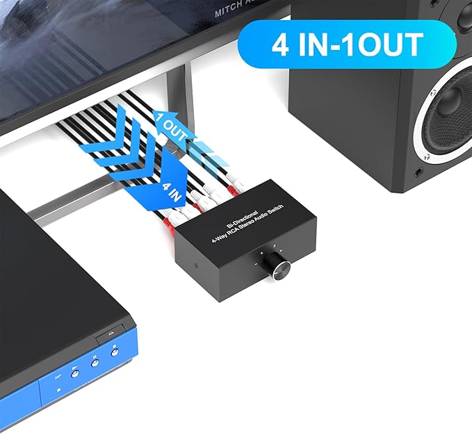 Dingsun 4-Way Stereo Audio Switcher, Bi-Directional Right and Left Channel Audio Selector Box for Blu-ray Players or DVD Players Active Speakers (4In-1Out /1In-4Out)(1In-4Out /4In-1Out)