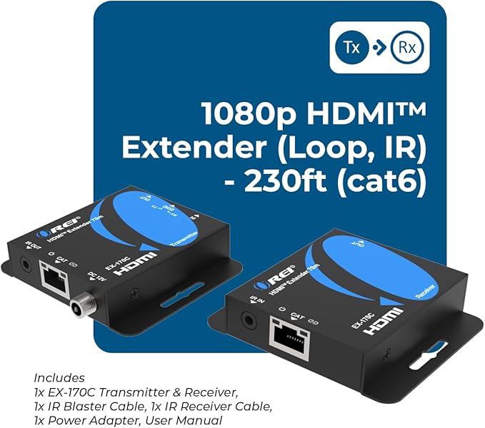 OREI 4K HDMI over Ethernet Extender Over CAT5/CAT6/CAT7, with IR Upto 164 Feet - Loop Out - 4K @ 30Hz 1080P Full HD Signal Distribution (EX-170C)