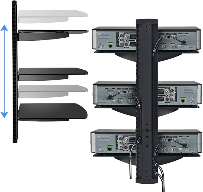 DVD Floating Shelf, Glass TV Wall Mount with Shelf for DVD Player / PS4 / Cable Boxes / Game Consoles / Sky Box / TV Accessories, Media Shelf, Flat Black Wall Mount Bracket, AV Shelves, 3 Tiers CS303S