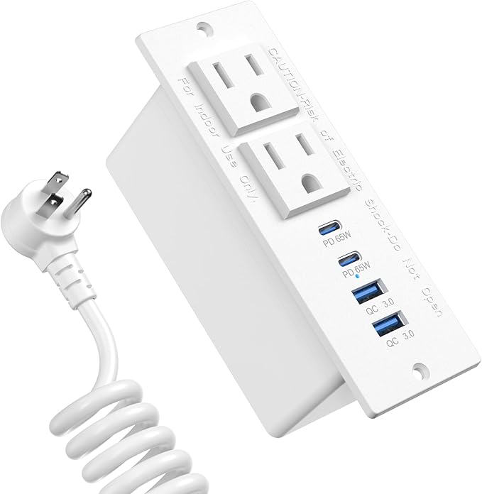 Recessed Power Strip USB C 65W Fast Charging Station,in Drawer Outlet,Furniture Flush Mount for Desktop,Workspace Essential Desk Outlet (White, 10FT)