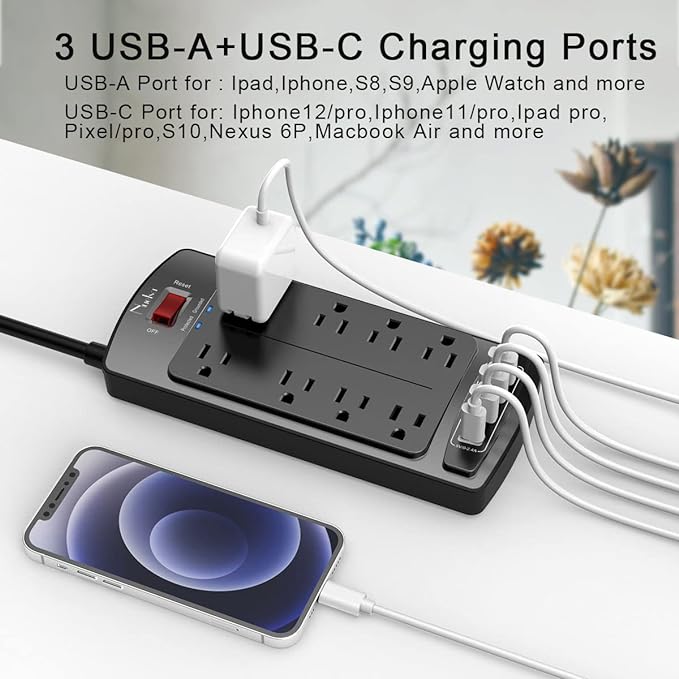 Surge Protector Power Strip - Nuetsa Flat Plug Extension Cord with 8 Outlets and 4 USB Ports, 6 Feet Power Cord (1625W/13A), 2700 Joules, ETL Listed, Black