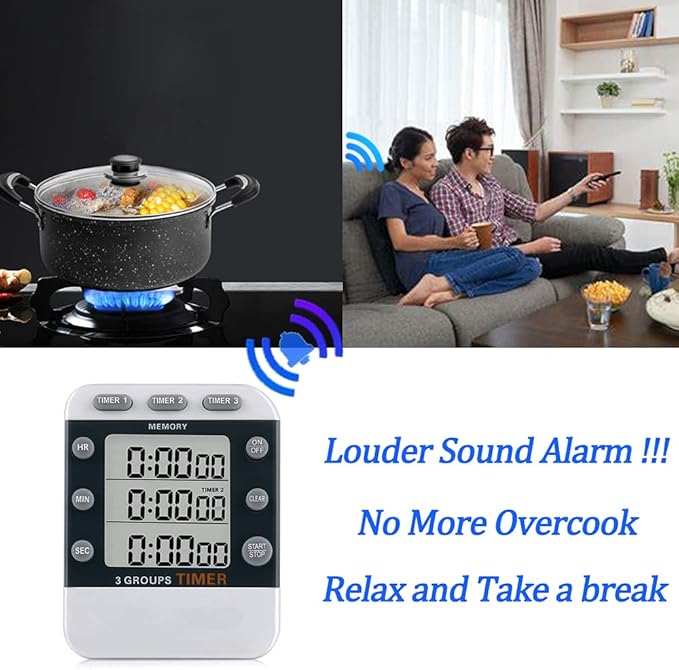MOSTRUST Digital Dual Kitchen Timer for Cooking, 3 Channels Count Down/up Triple Multi Timers for Food, Magnetic Memory-Preset Large-Display Adjustable Alarm Volume, 3A Battery Included