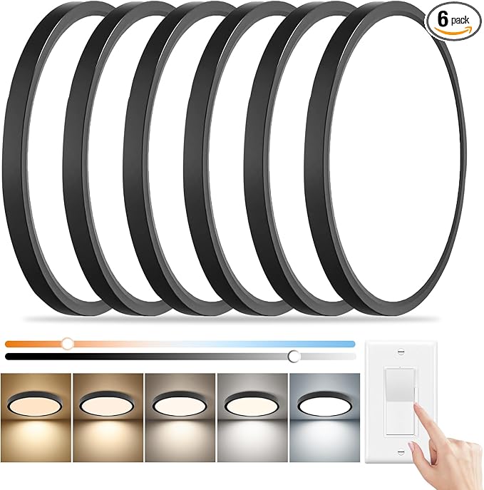6PK 15.8 Inch Dimmable LED Flush Mount Ceiling Light, 32W, 3480LM, 2700K/3000K/4000K/5000K/6000K, Round Flat Panel Low Profile Ceiling Light Fitures for Hallway, Kitchen, Bedroom, Black