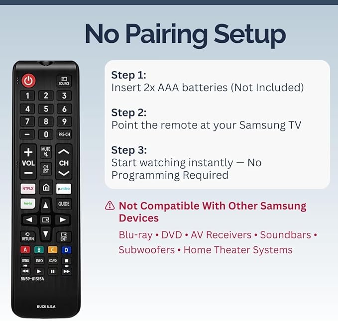 BN59-01315A Samsung TV Remote Control Replacement for Smart TV - Easy Setup, Durable Design, Universal Infrared Remote, Streaming Shortcuts - Works with Samsung Smart TV, LCD, LED, HDTV, 3D Models