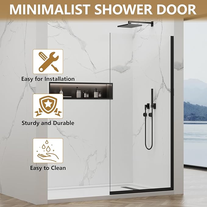 Shower Glass Wall Panel 36" W x 76" H, 3/8" (10mm) Tempered Glass, Half Frameless Fixed Shower Screen, Single Panel with Double-Sided Easy-Clean Coating - Matte Black