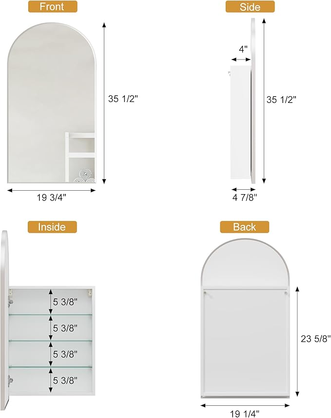 Arched Medicine Cabinets with Mirror,Medicine Cabinet for Bathroom, Arch Medicine Cabinet with Storage,Brushed Nickel Mirror Cabinet,Wall Mounted Only,20x36Inch
